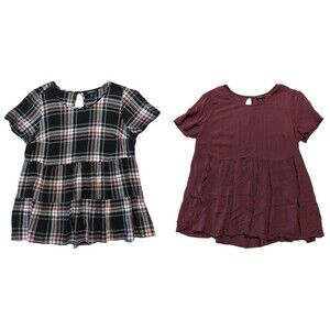 Torrid Rayon Babydoll Top Bundle Size 00 Black/Red Plaid, Burgundy (Plum, Wine)